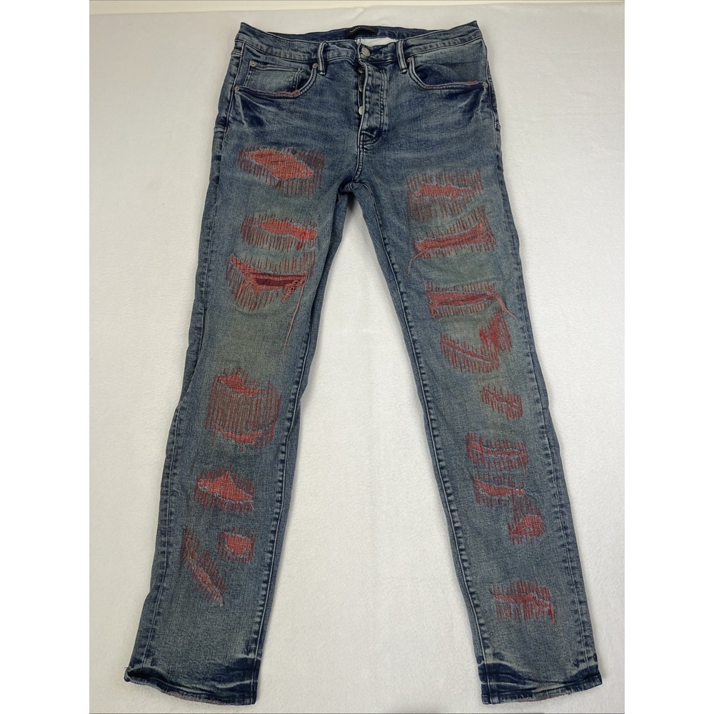 Purple Brand P001 Contrast Weft Blowout Jeans Mens 36 Blue Distressed Slim Leg
